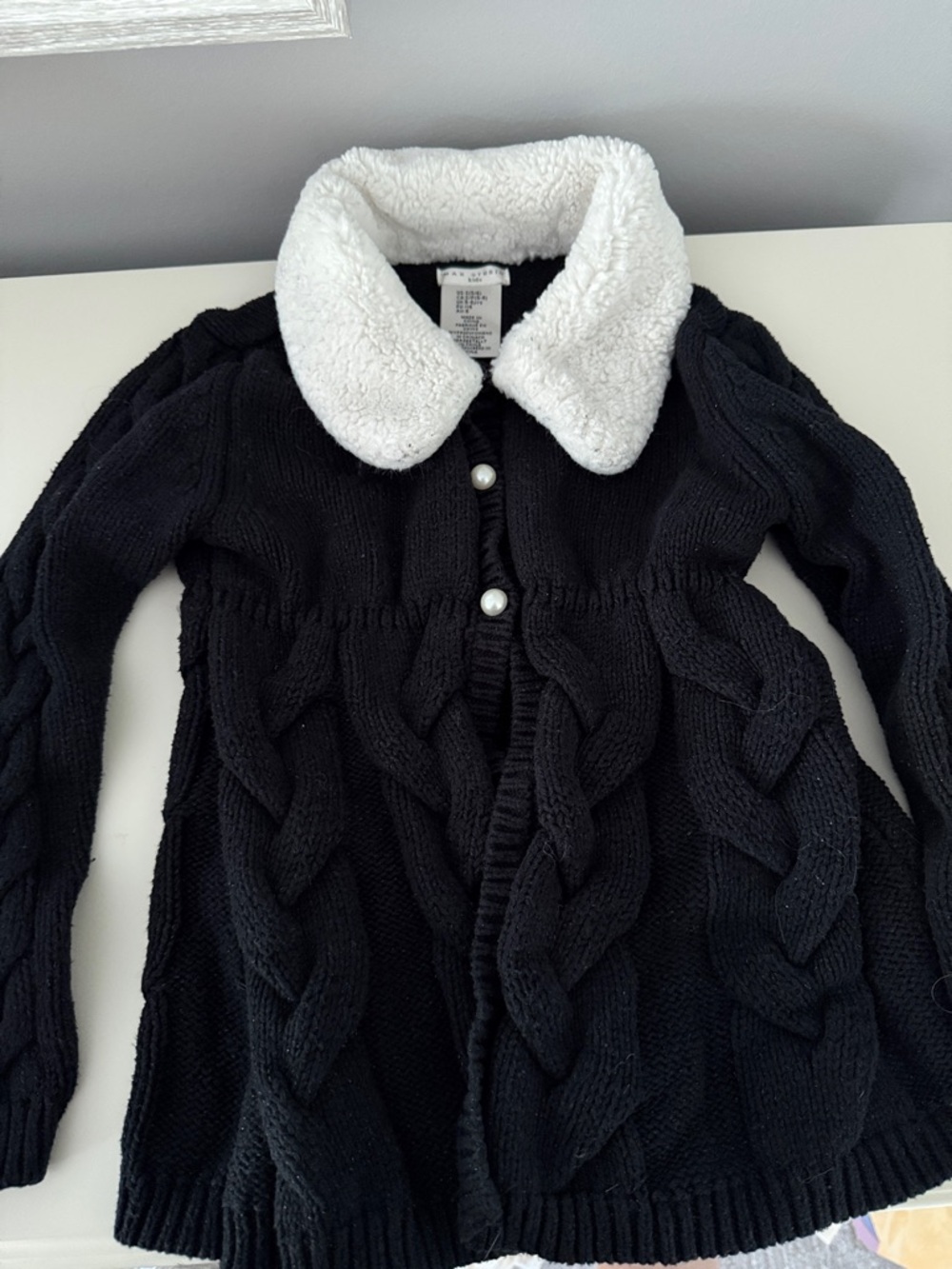 Max Studio Black Cable-Knit Sweater with White Sherpa Collar